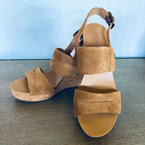 UGG Tan Suede Leather Cork Wedge Sandals 9 - Picture 2 of 8